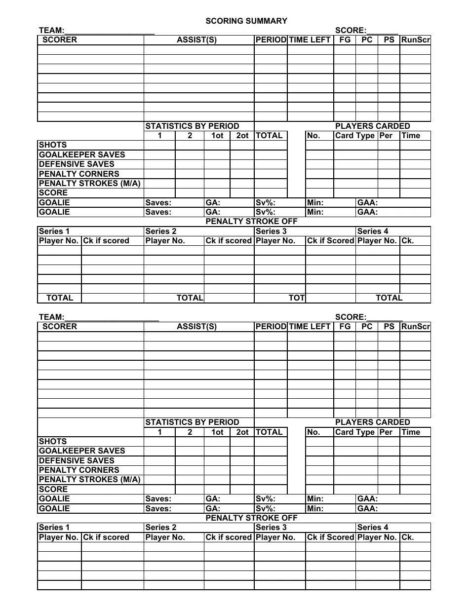 Official NCAA/Nfhca Field Hockey Scoring Sheet Download Printable PDF