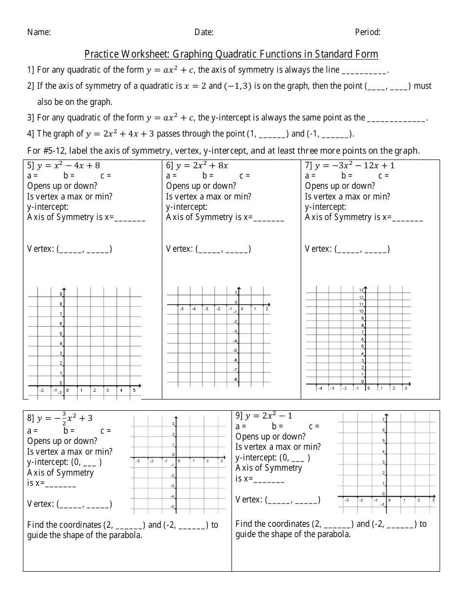 Graphing Quadratic Functions in Standard Form Worksheet Fill Out