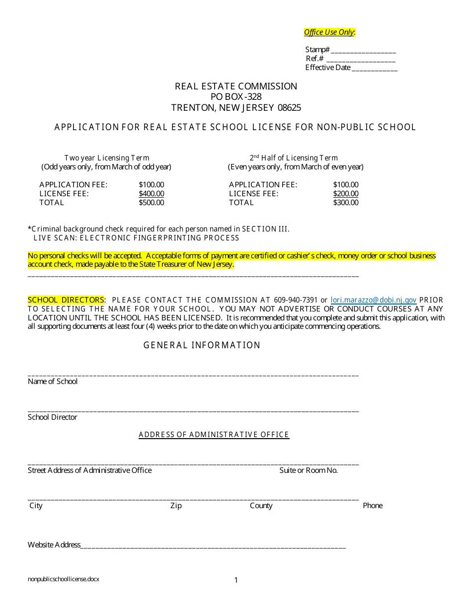 New Jersey Application for Real Estate School License for Nonpublic