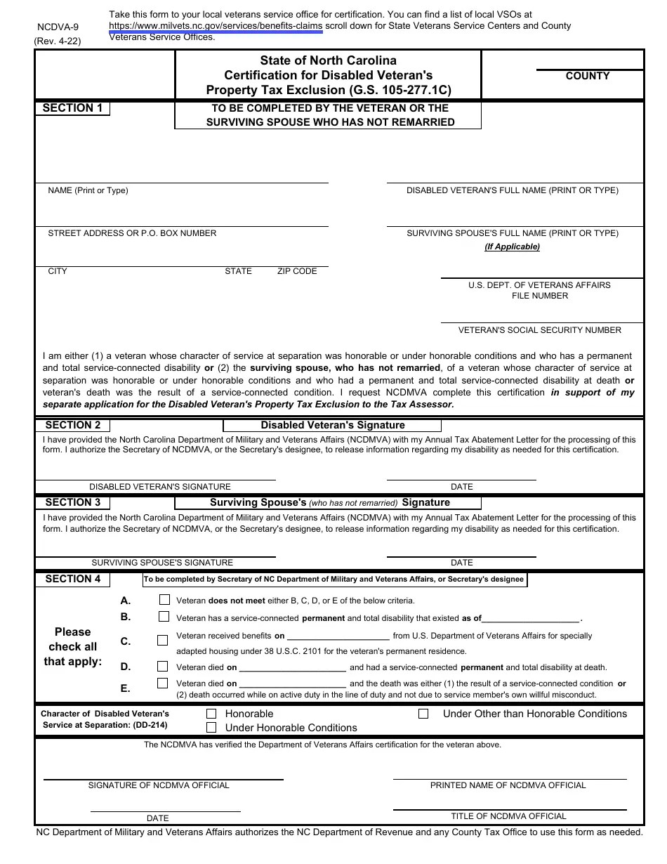 Form NCDVA9 Download Printable PDF or Fill Online Certification for
