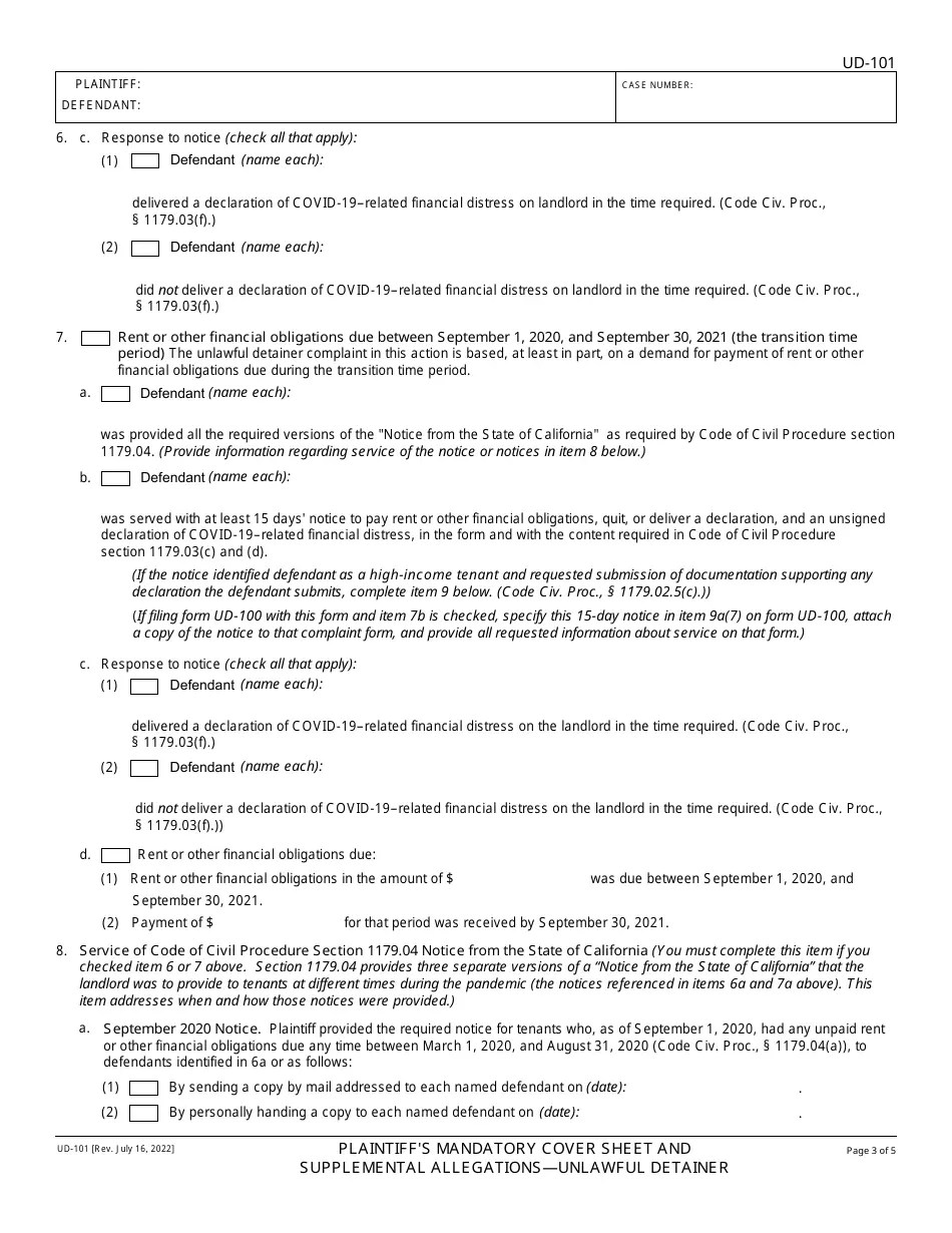 Form UD101 Download Fillable PDF or Fill Online Plaintiff's Mandatory