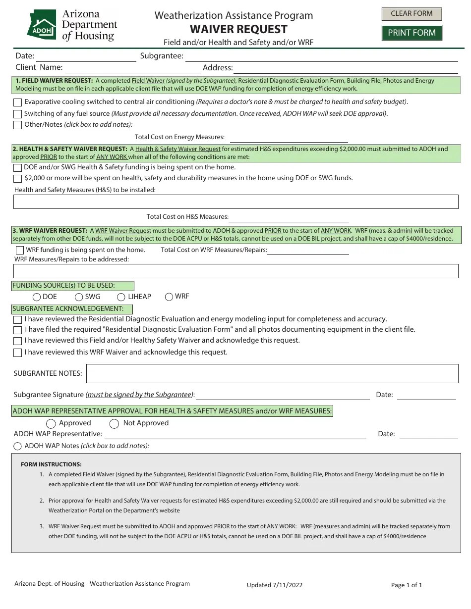 Arizona Waiver Request Weatherization Assistance Program Fill Out