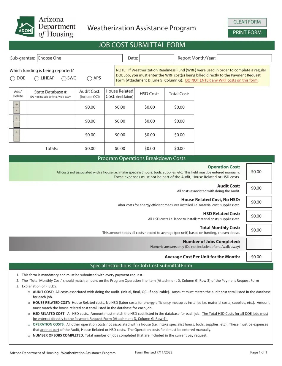 Arizona Job Cost Submittal Form Weatherization Assistance Program