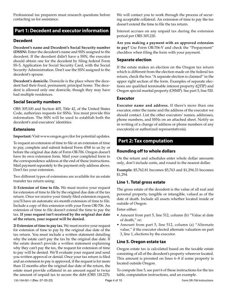 Download Instructions for Form OR706, 150104001 Oregon Estate