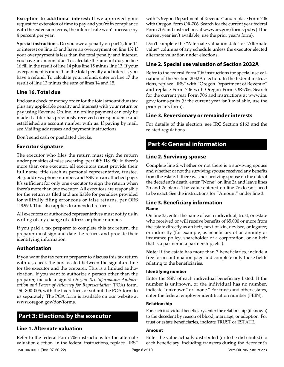 Download Instructions for Form OR706, 150104001 Oregon Estate