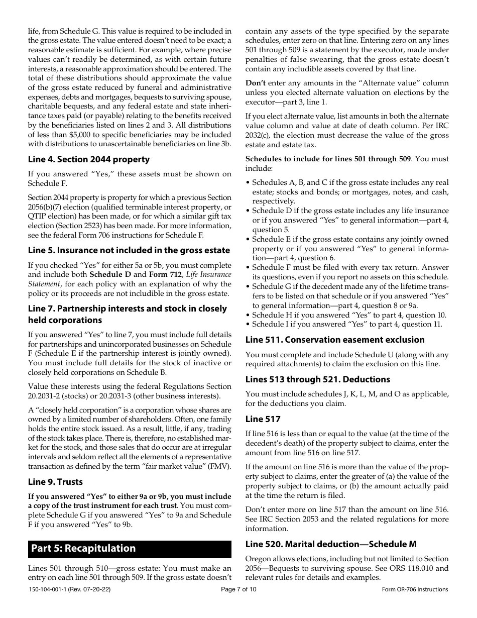 Download Instructions for Form OR706, 150104001 Oregon Estate