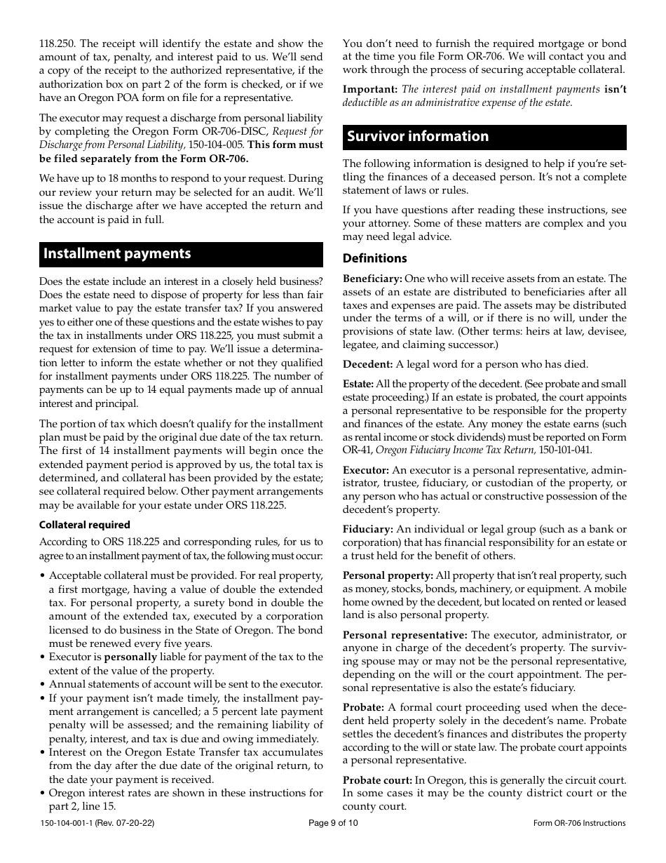 Download Instructions for Form OR706, 150104001 Oregon Estate