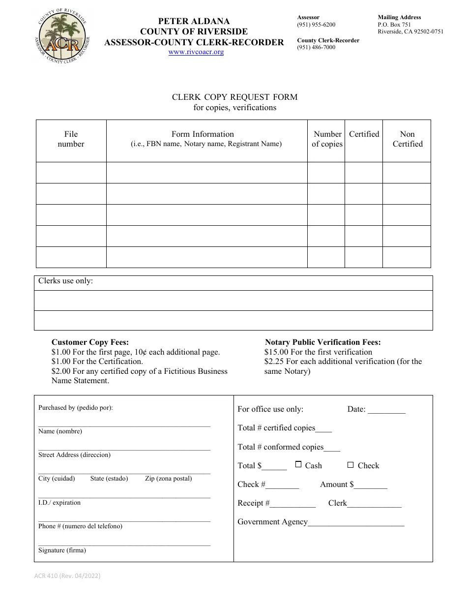 Form ACR410 Fill Out, Sign Online and Download Fillable PDF, County