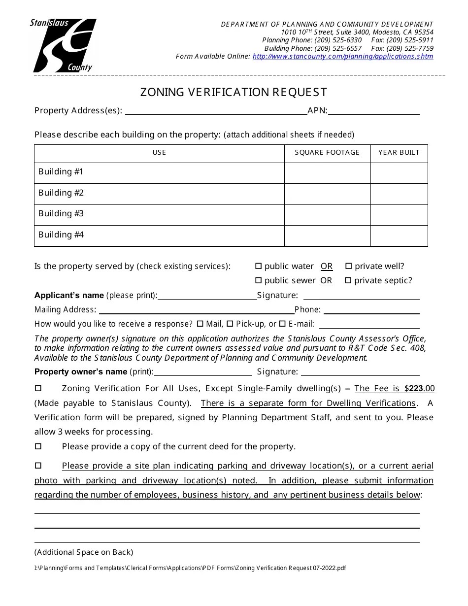 Stanislaus County, California Zoning Verification Request Fill Out
