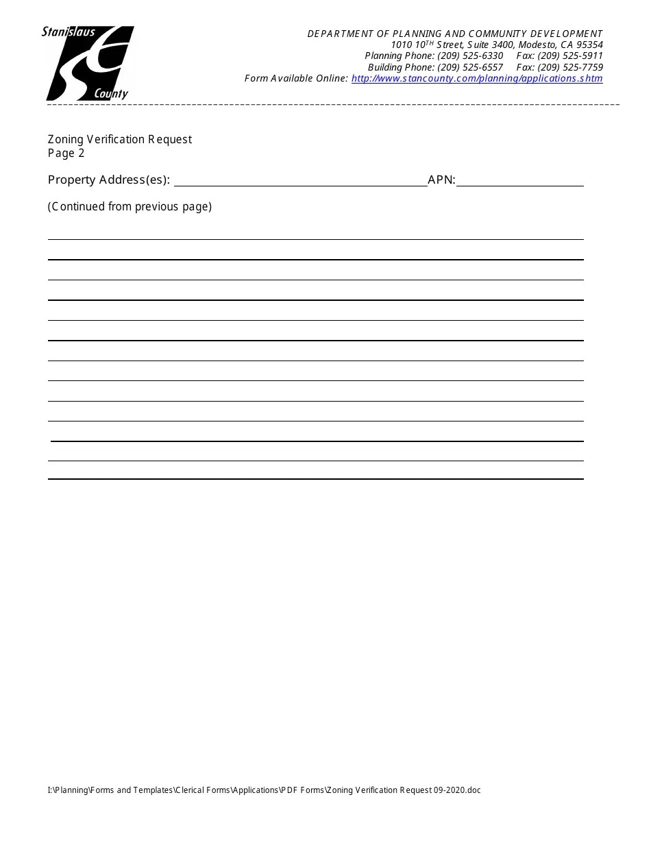 Stanislaus County, California Zoning Verification Request Fill Out