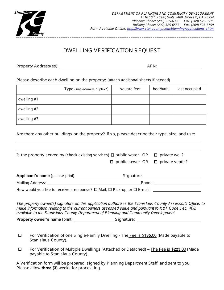 Stanislaus County, California Dwelling Verification Request Fill Out