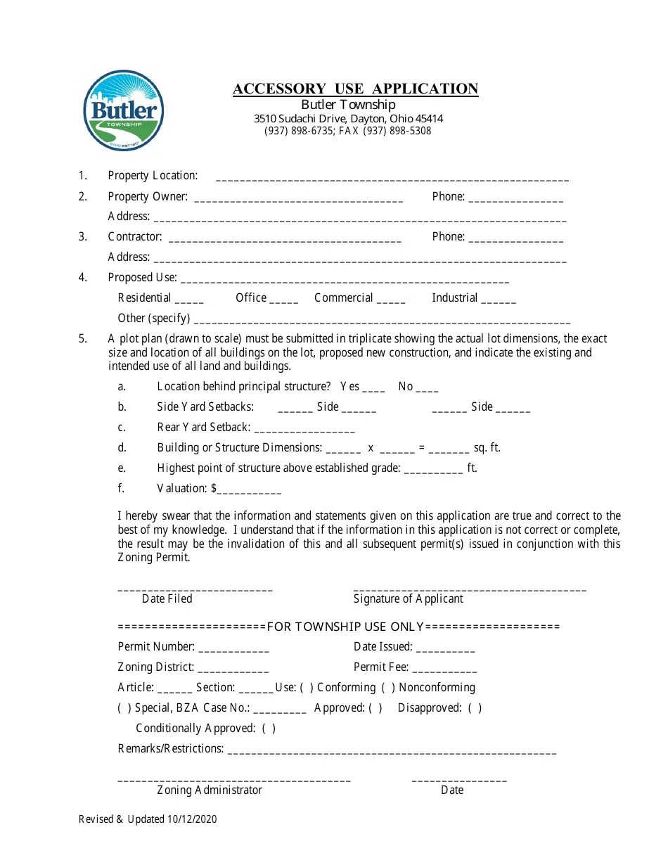 Butler County, Ohio Accessory Use Application Download Printable PDF