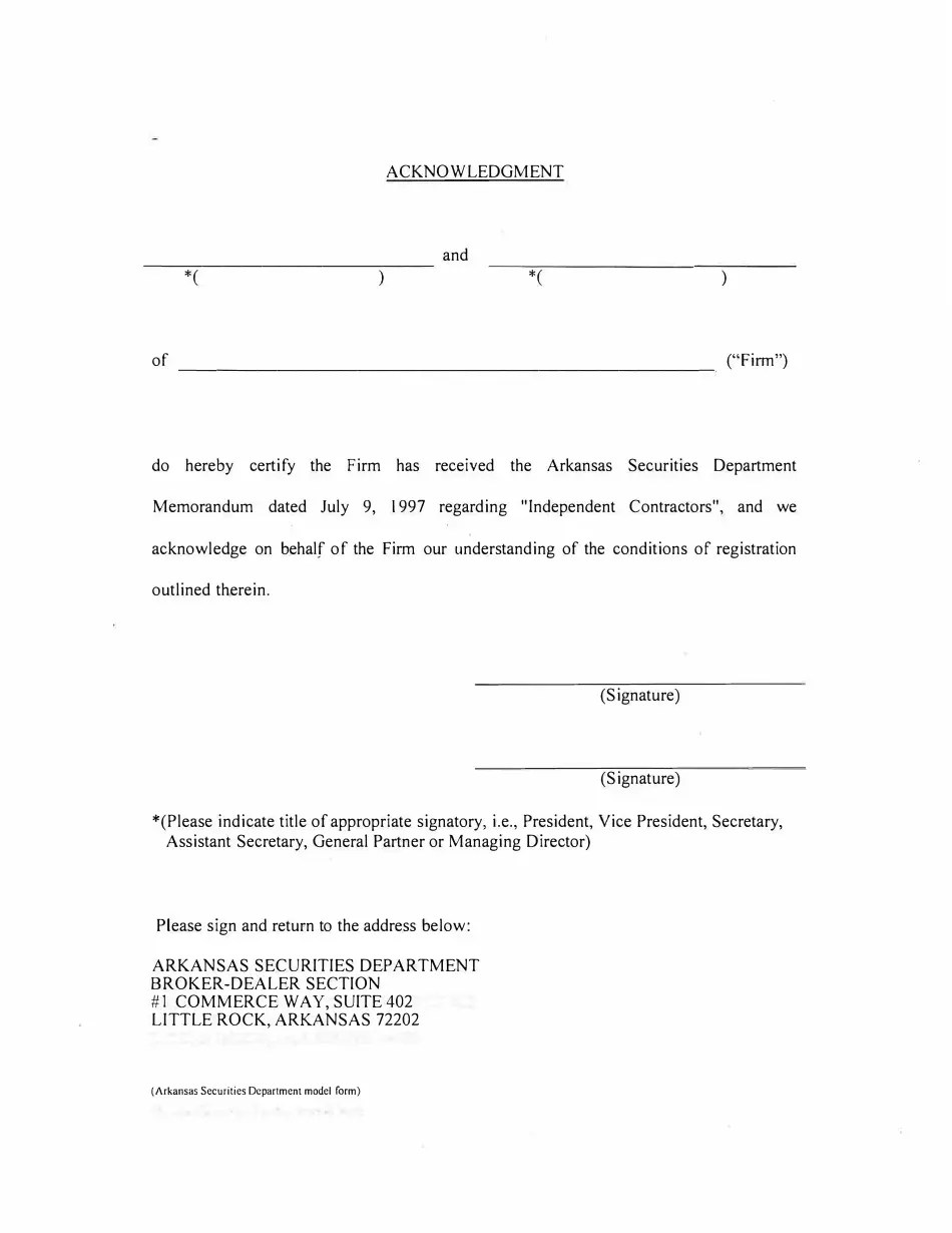 Arkansas Broker Dealer Independent Contractor Acknowledgement Fill