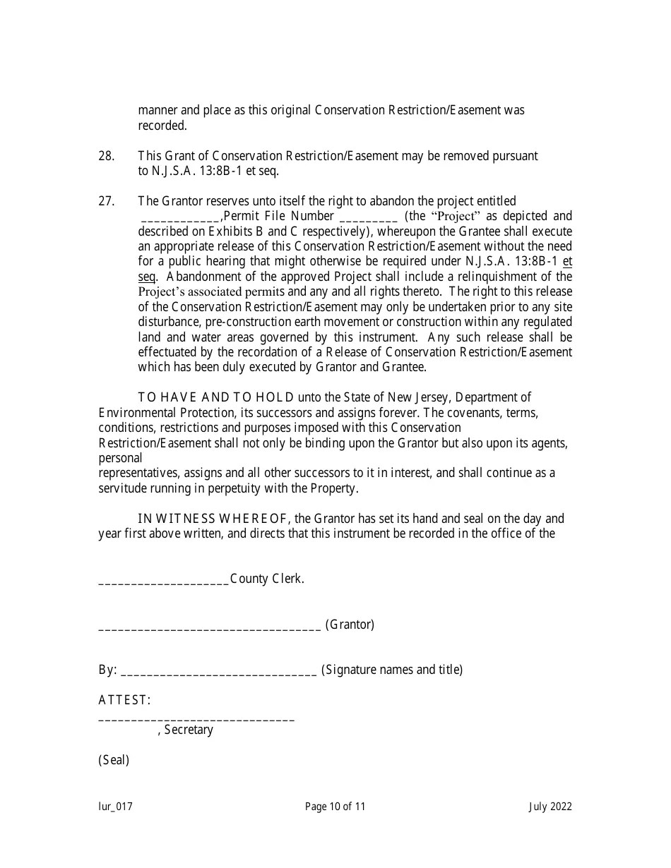 New Jersey Grant of Conservation Restriction/Easement (Stormwater