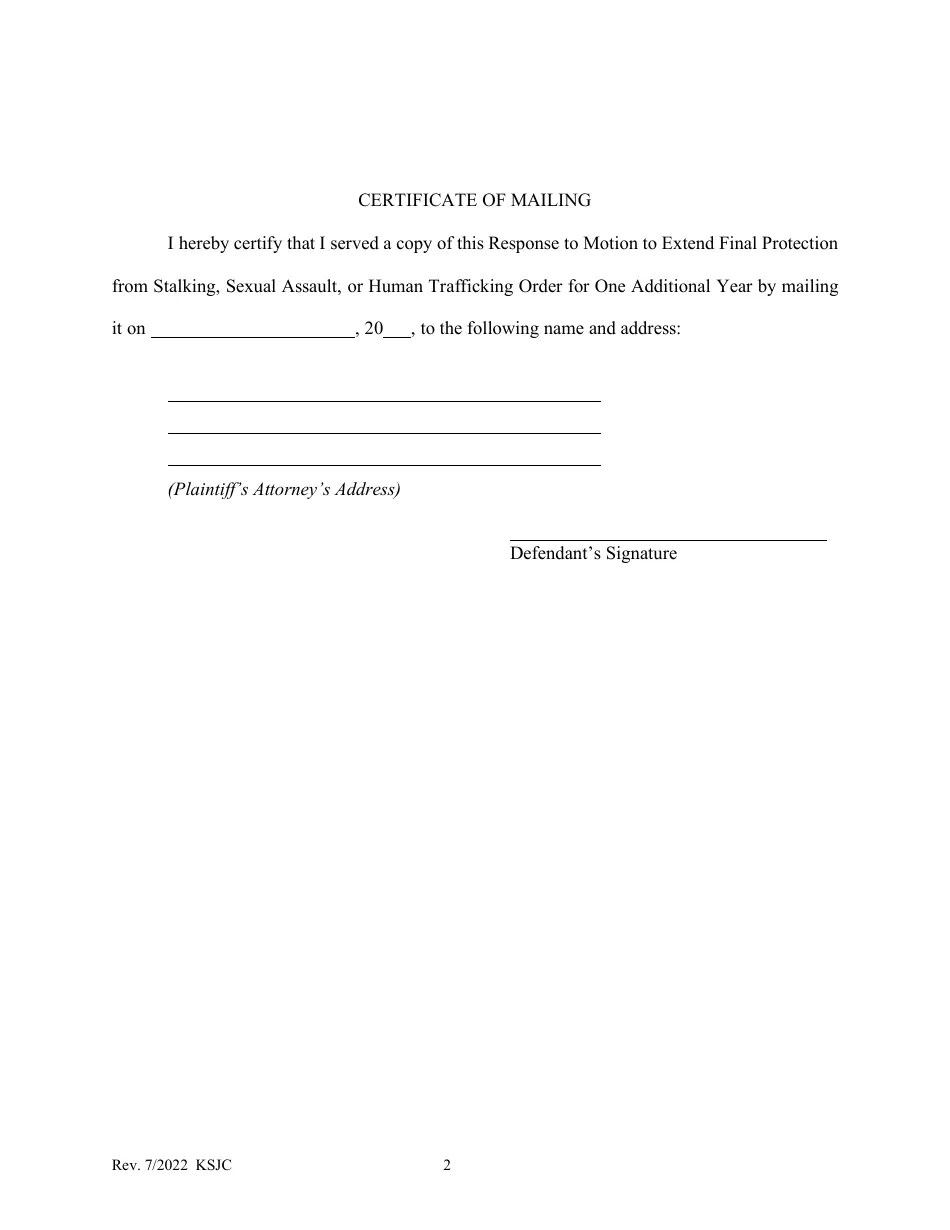 Kansas Response to Motion to Extend Final Protection From Stalking