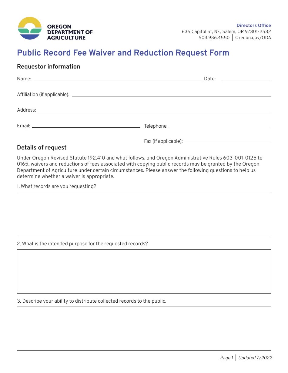 Oregon Public Record Fee Waiver and Reduction Request Form Download