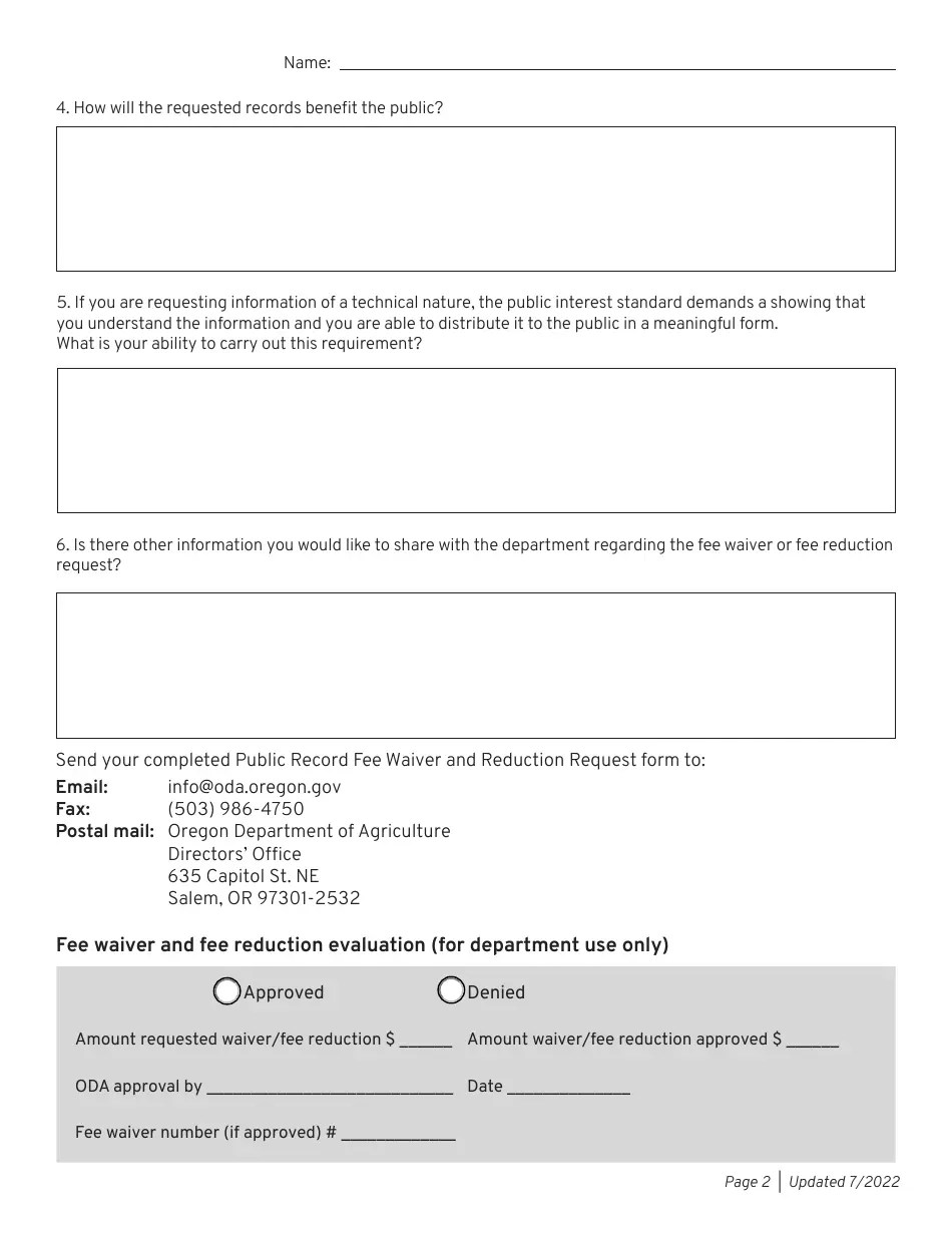 Oregon Public Record Fee Waiver and Reduction Request Form Download