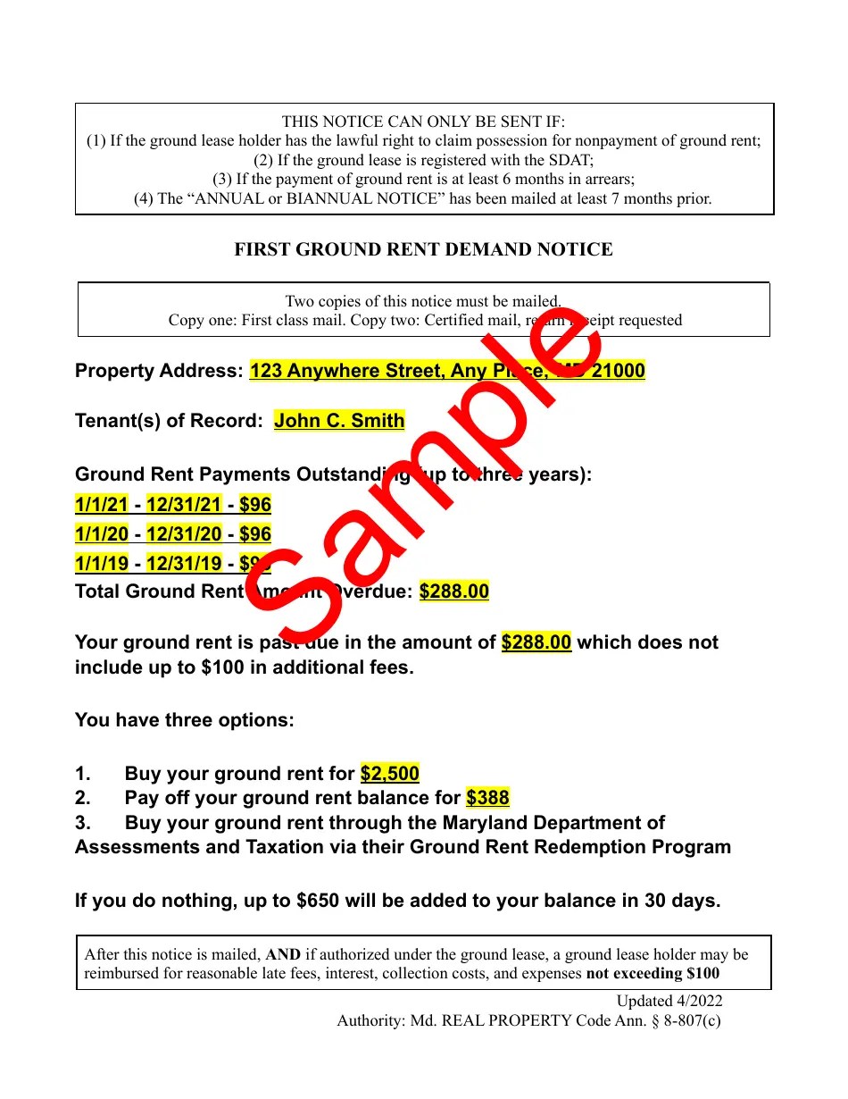 Maryland First Ground Rent Demand Notice Fill Out, Sign Online and