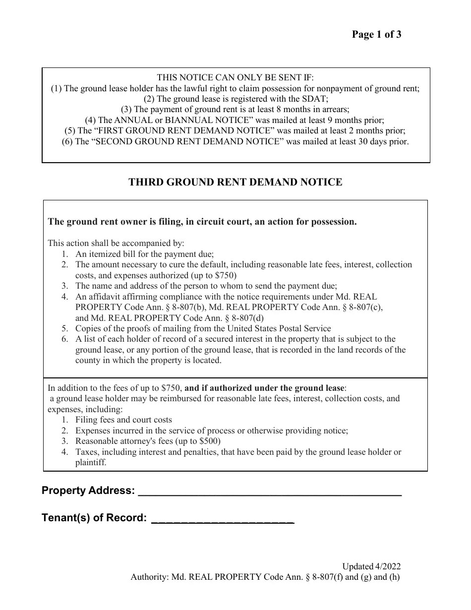 Maryland Third Ground Rent Demand Notice Fill Out, Sign Online and