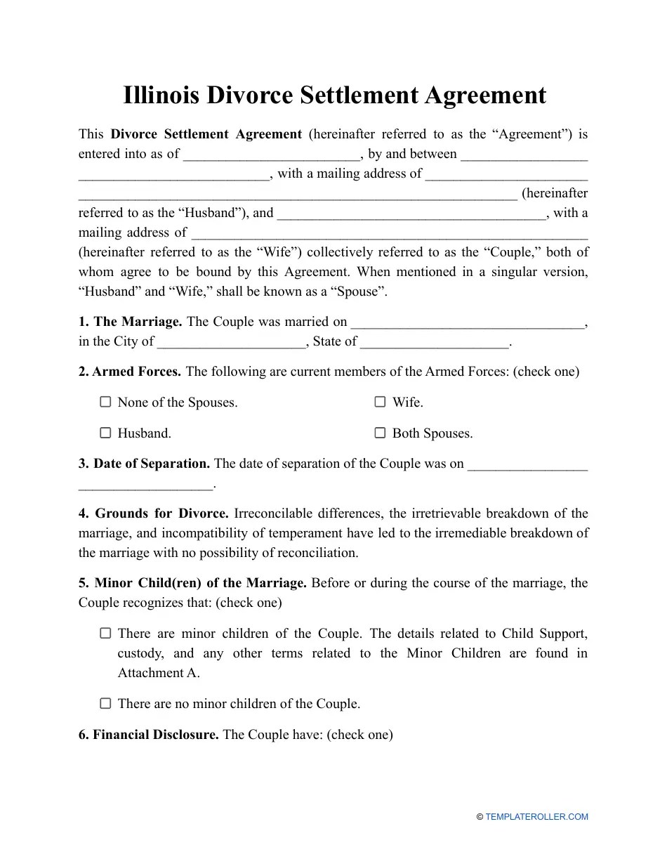Illinois Divorce Settlement Agreement Template Fill Out, Sign Online
