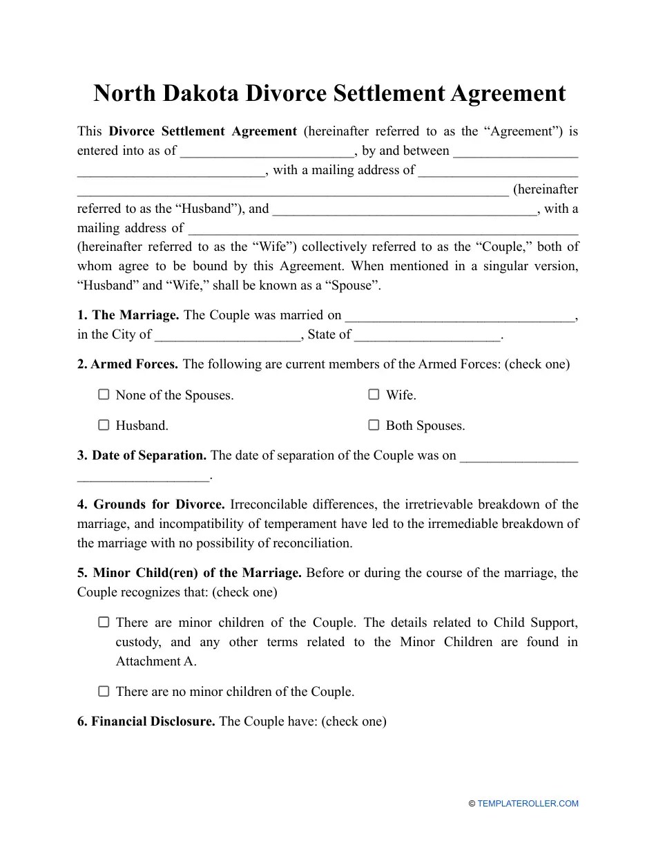 North Dakota Divorce Settlement Agreement Template Fill Out, Sign