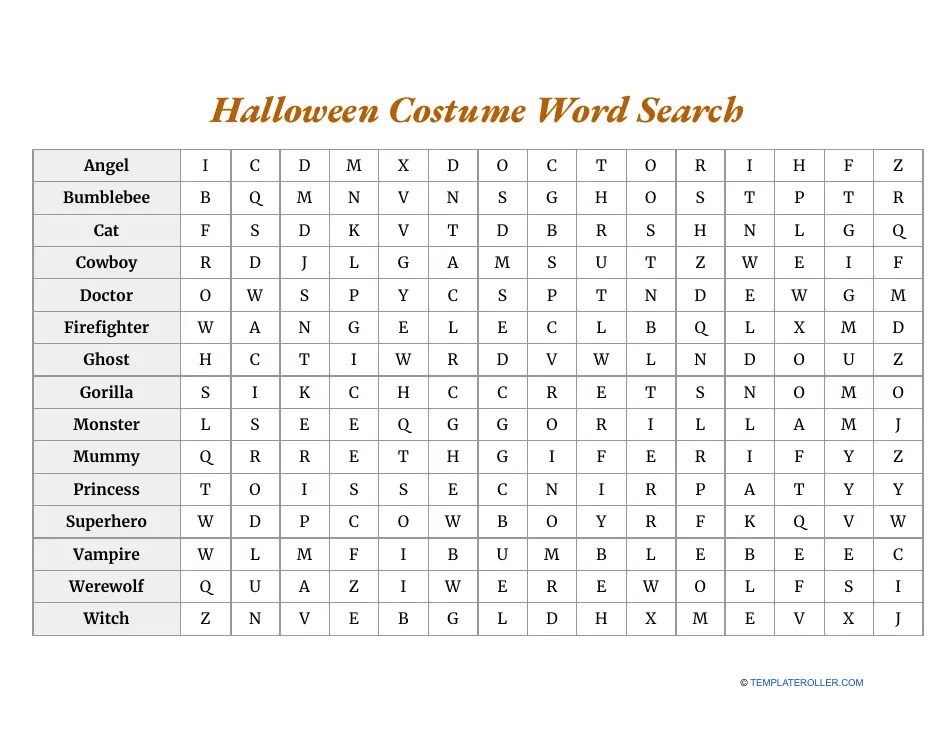 Halloween Costume Word Search Worksheet Download Printable PDF