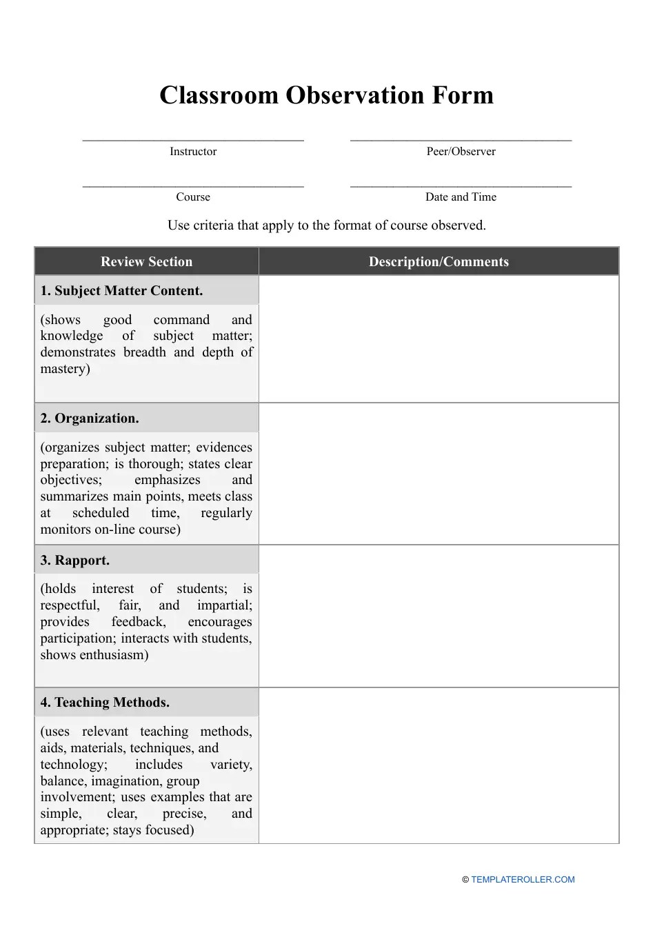 Classroom Observation Form Big Table Fill Out, Sign Online and