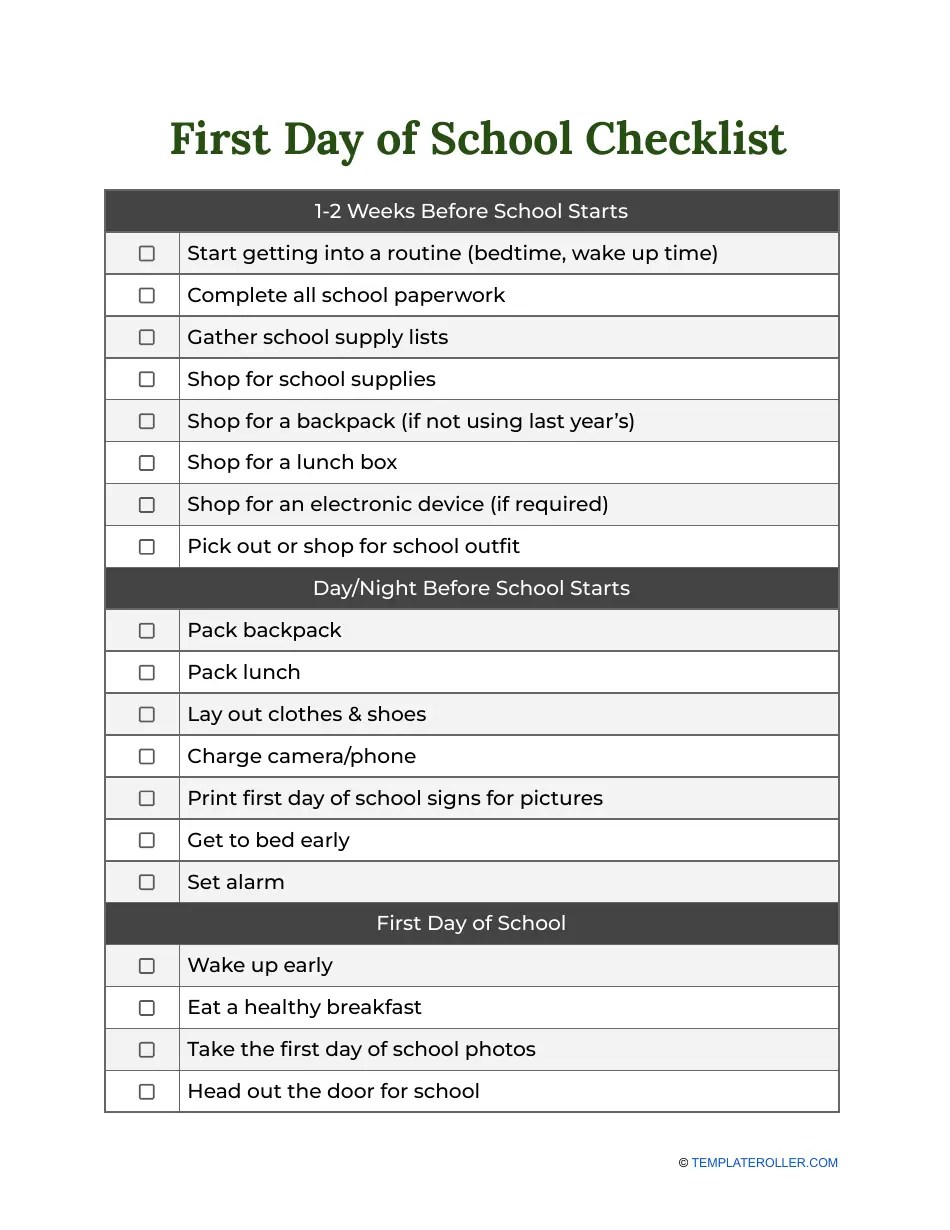 First Day of School Checklist Download Printable PDF Templateroller