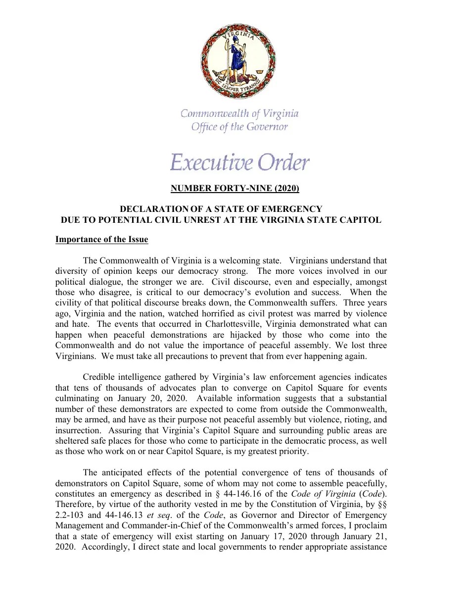 2020 Virginia Executive Order Number FortyNine Declaration of a