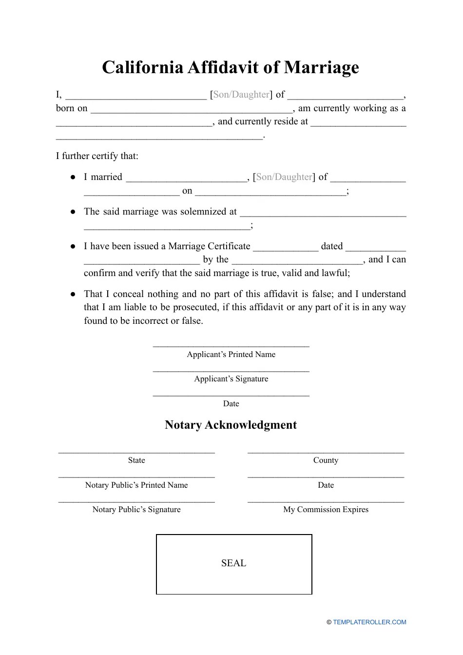 California Affidavit of Marriage Fill Out, Sign Online and Download