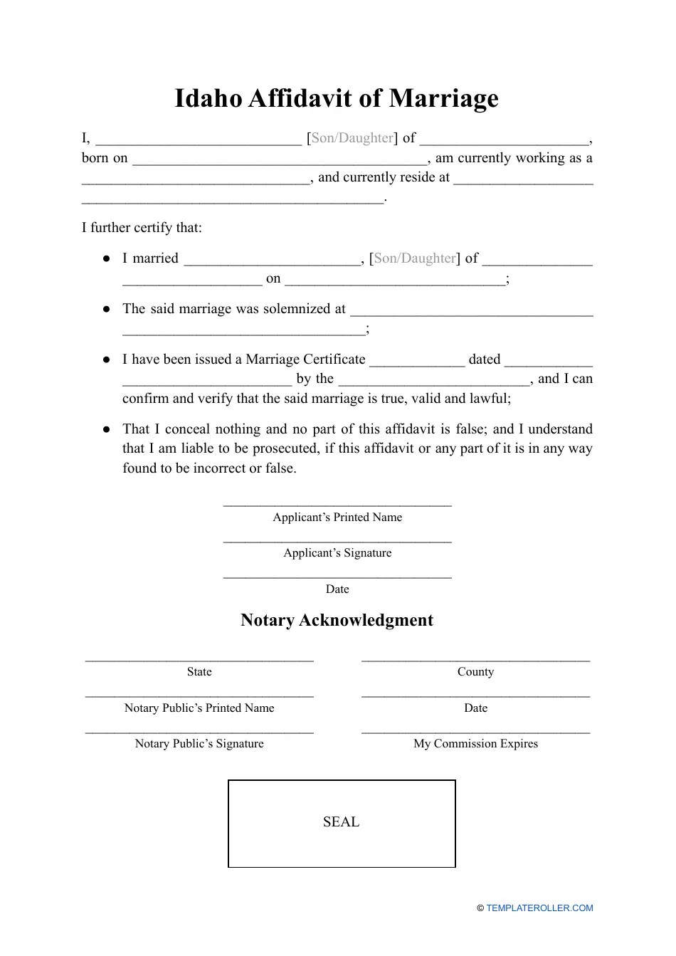 Idaho Affidavit of Marriage Fill Out, Sign Online and Download PDF