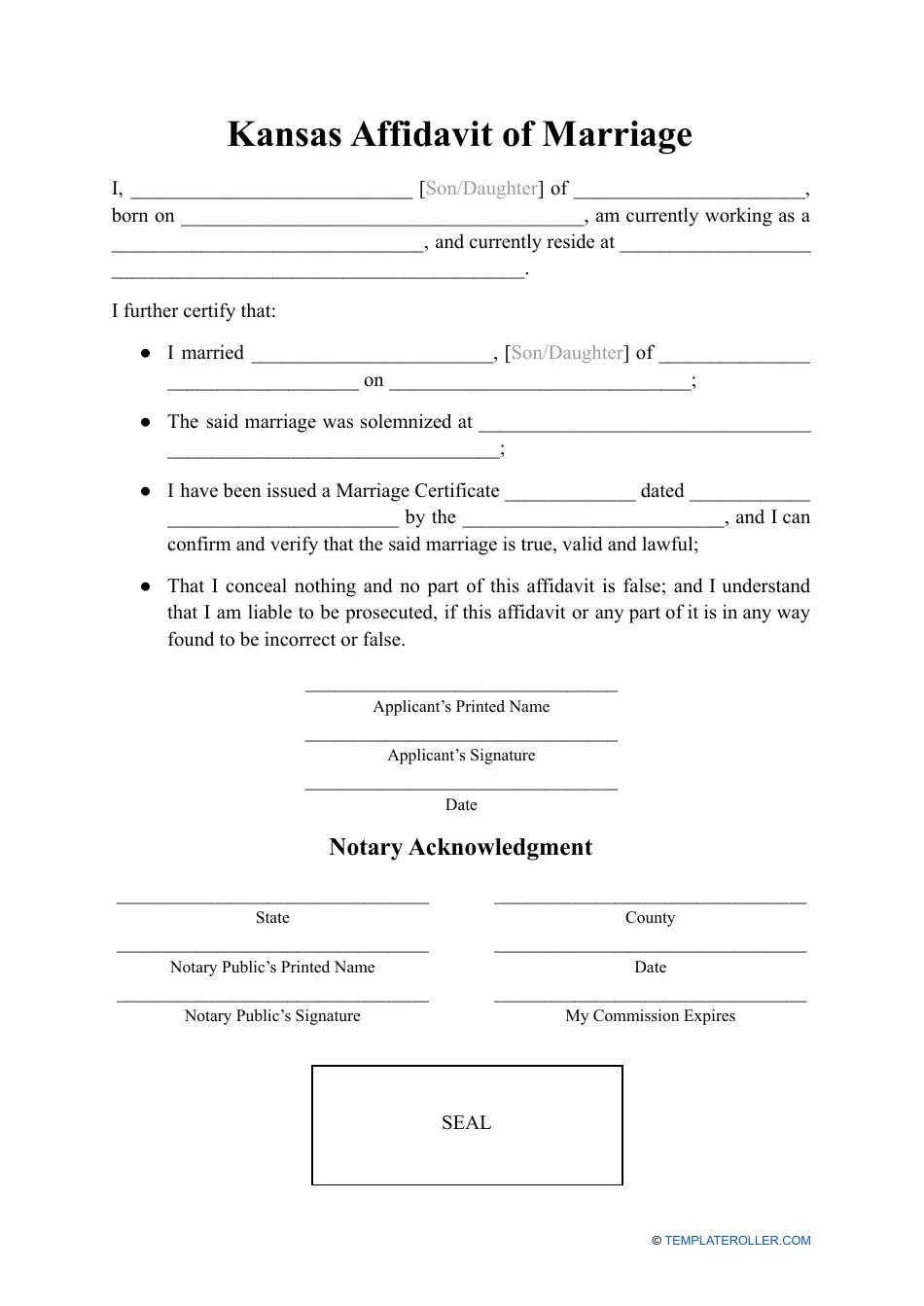 Kansas Affidavit of Marriage Fill Out, Sign Online and Download PDF