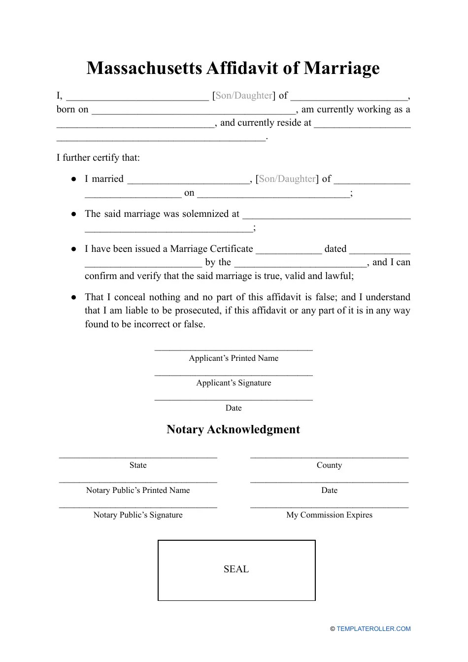 Massachusetts Affidavit of Marriage Fill Out, Sign Online and