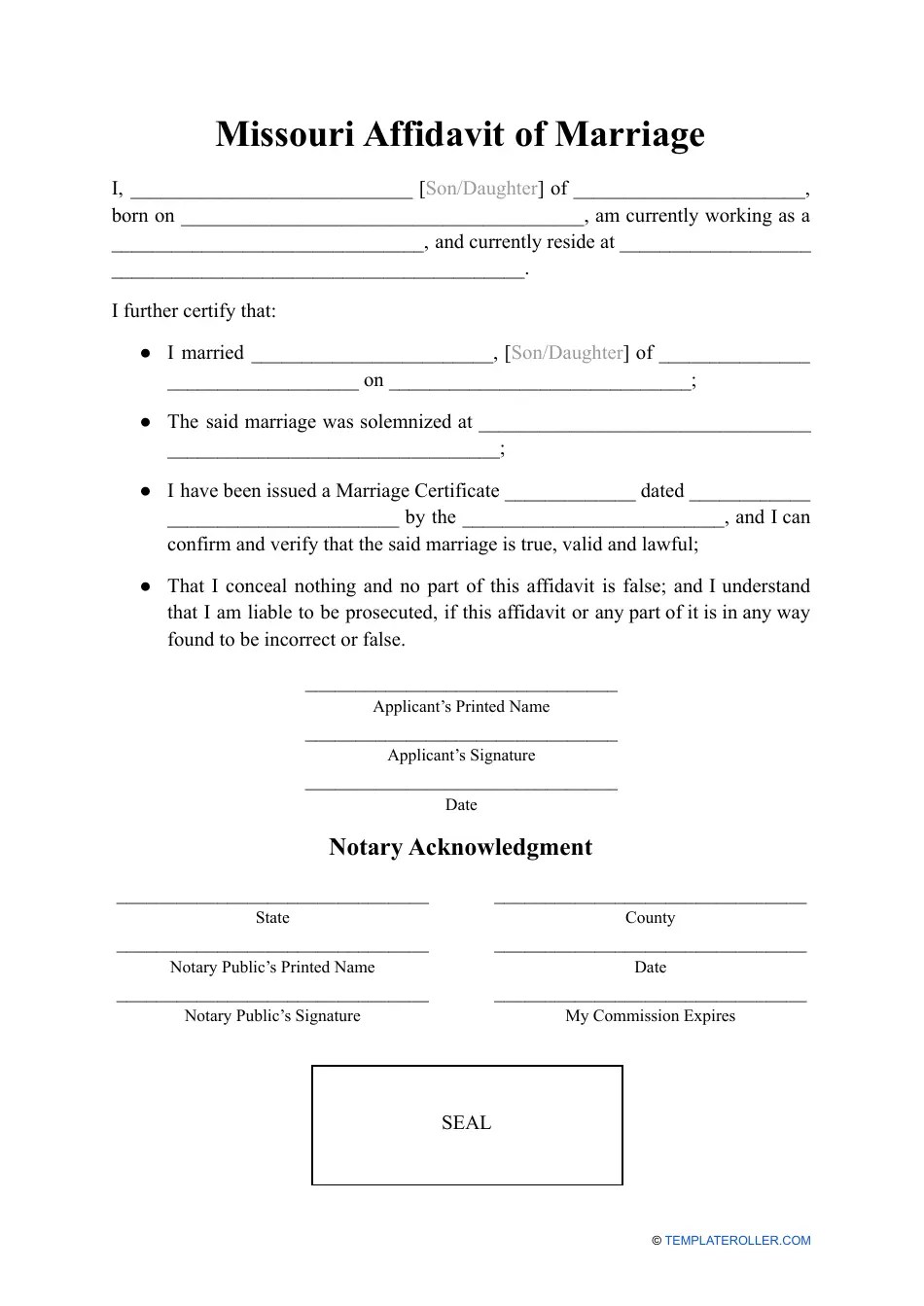 Missouri Affidavit of Marriage Download Printable PDF Templateroller