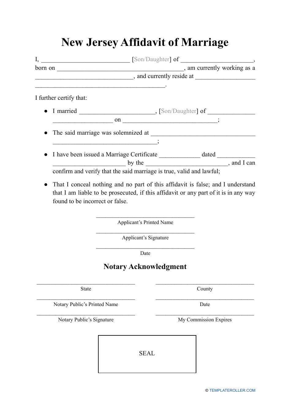 New Jersey Affidavit of Marriage Fill Out, Sign Online and Download