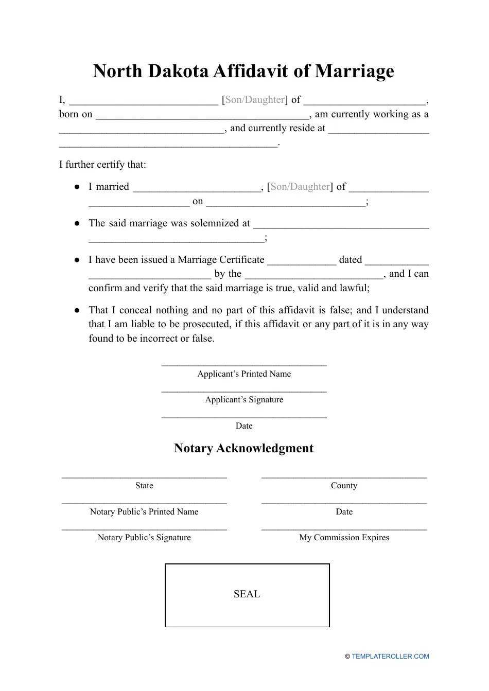North Dakota Affidavit of Marriage Fill Out, Sign Online and Download