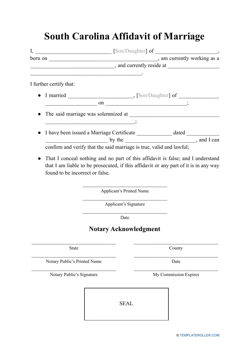 South Carolina Affidavit of Marriage Fill Out, Sign Online and Download PDF Templateroller