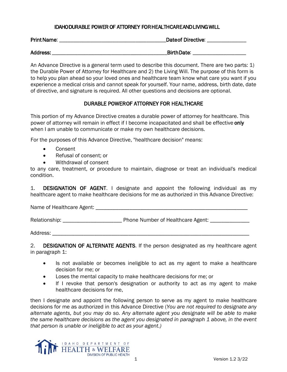 Idaho Advance Directive Form Fill Out, Sign Online and Download PDF