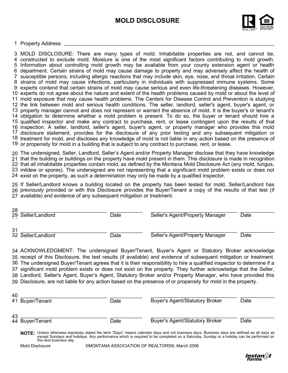 Mold Disclosure Form Montana Association of Realtors Fill Out, Sign