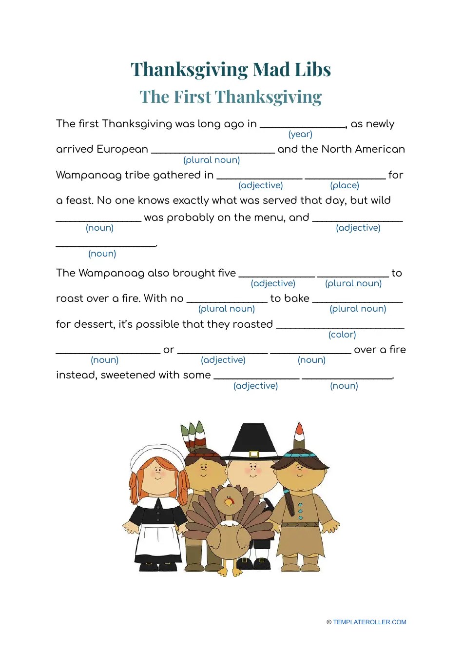 Thanksgiving Mad Libs - the First Thanksgiving Download Printable PDF
