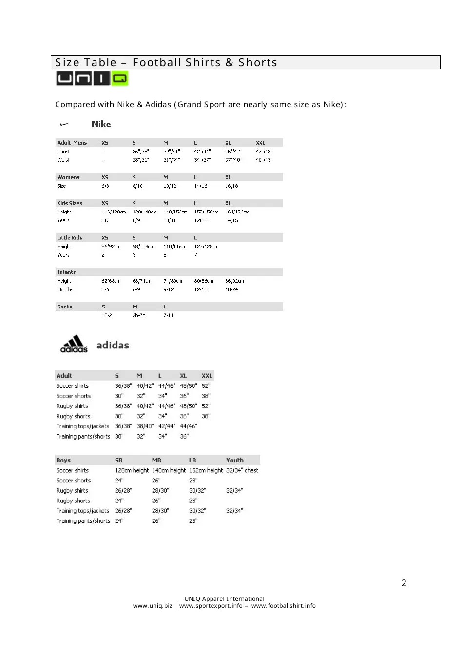 Football Shirt & Shorts Size Chart Uniq Download Printable PDF