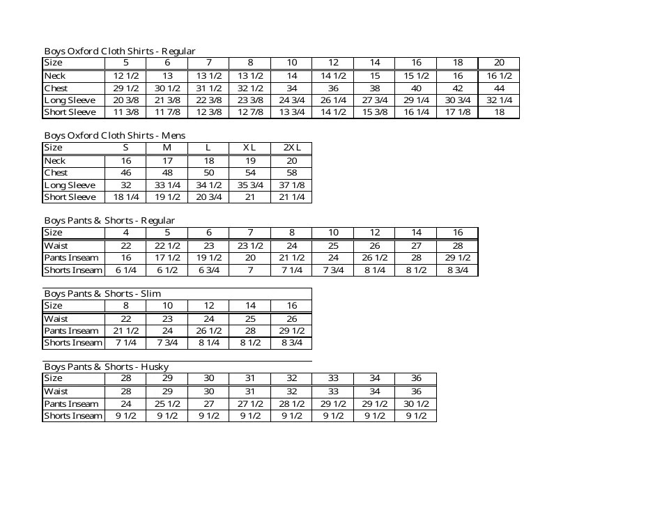 Boys Casual & Gym Wear Size Chart Download Printable PDF Templateroller
