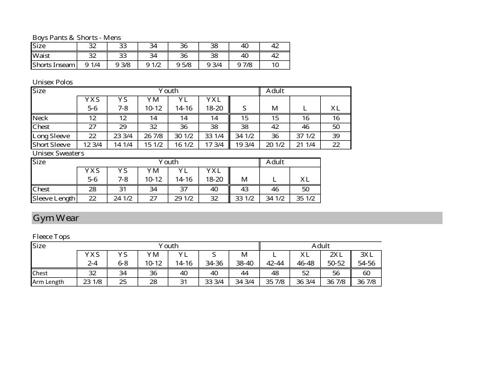 Boys Casual & Gym Wear Size Chart Download Printable PDF Templateroller
