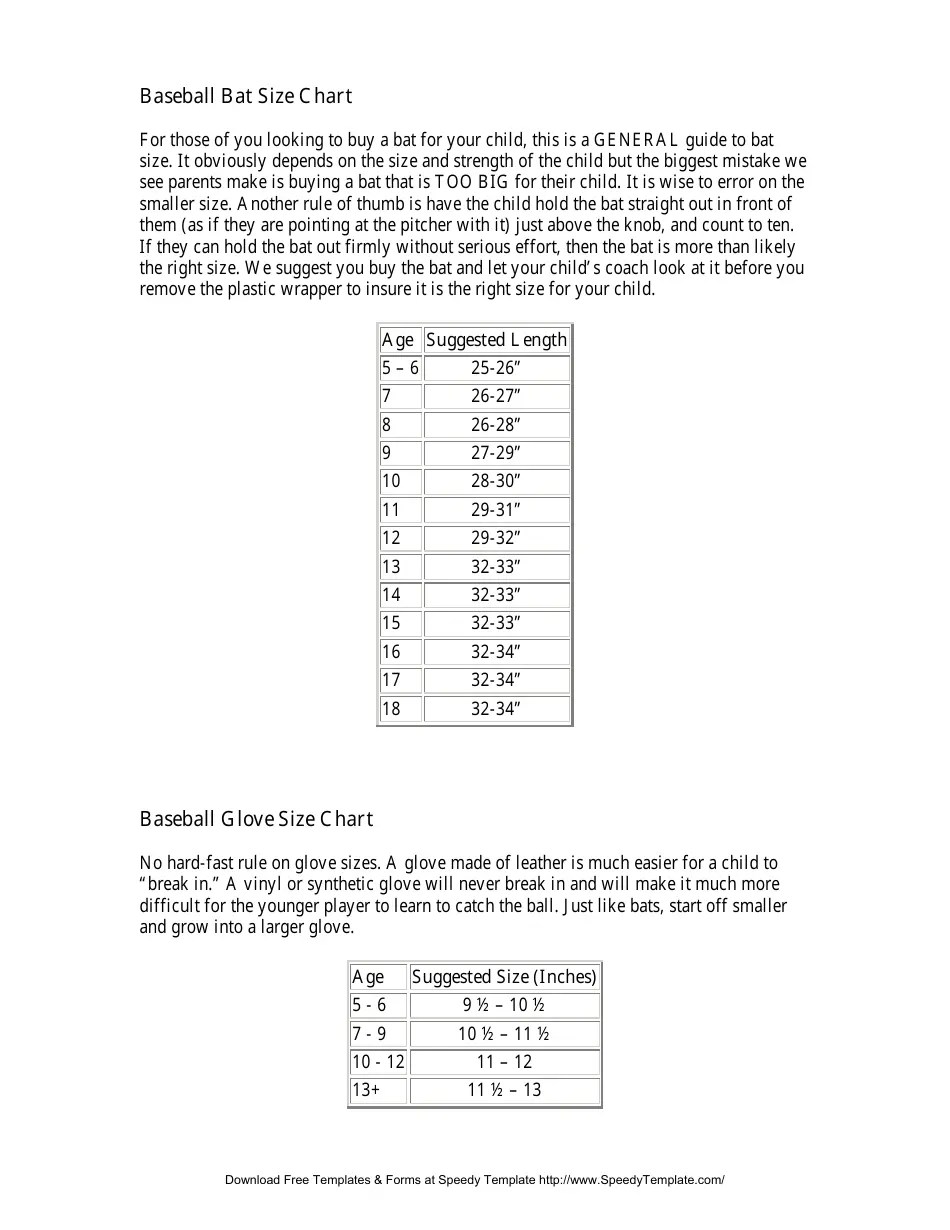 Baseball Bat & Glove Size Chart Download Printable PDF Templateroller