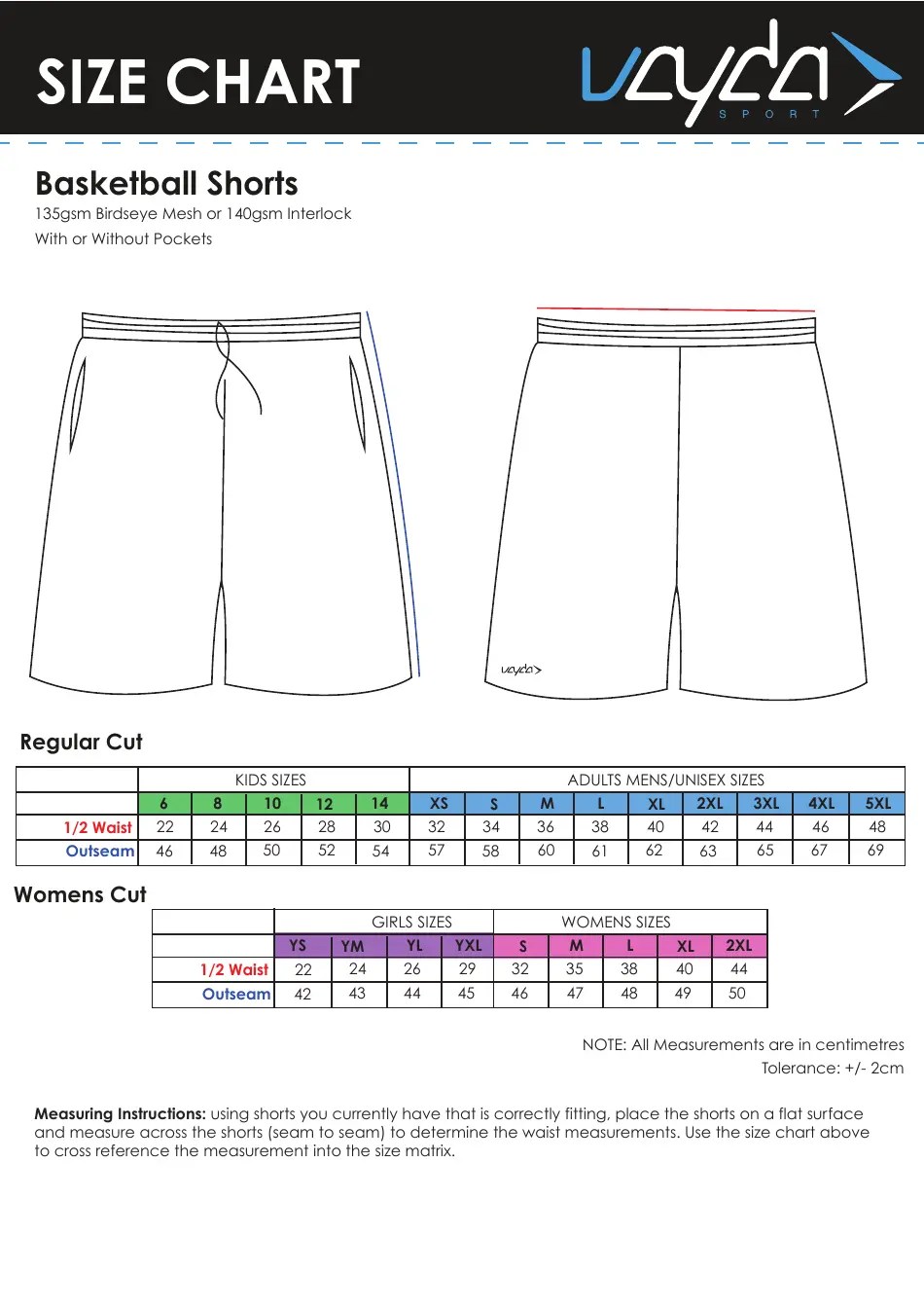 Basketball Shorts Size Chart Vayda Sport Download Printable PDF