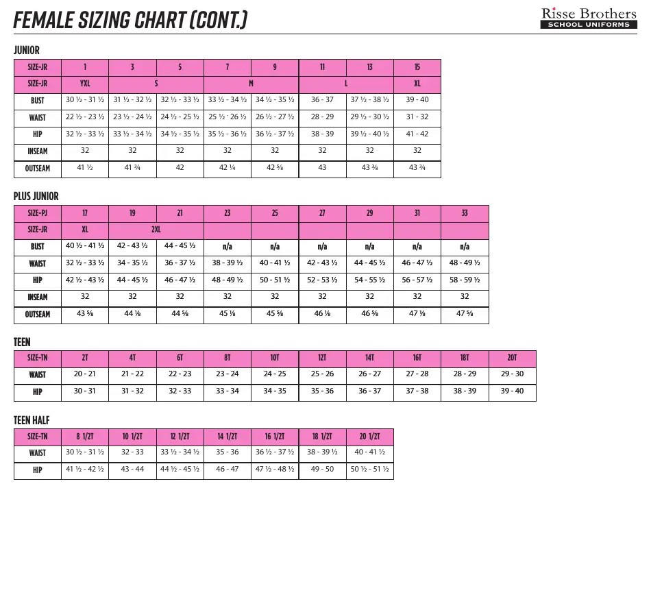 School Uniform Sizing Chart Risse Brothers Download Printable PDF