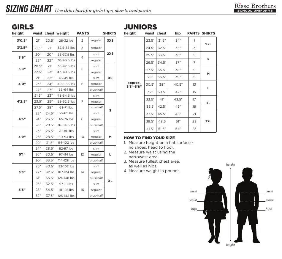 School Uniform Sizing Chart Risse Brothers Download Printable PDF
