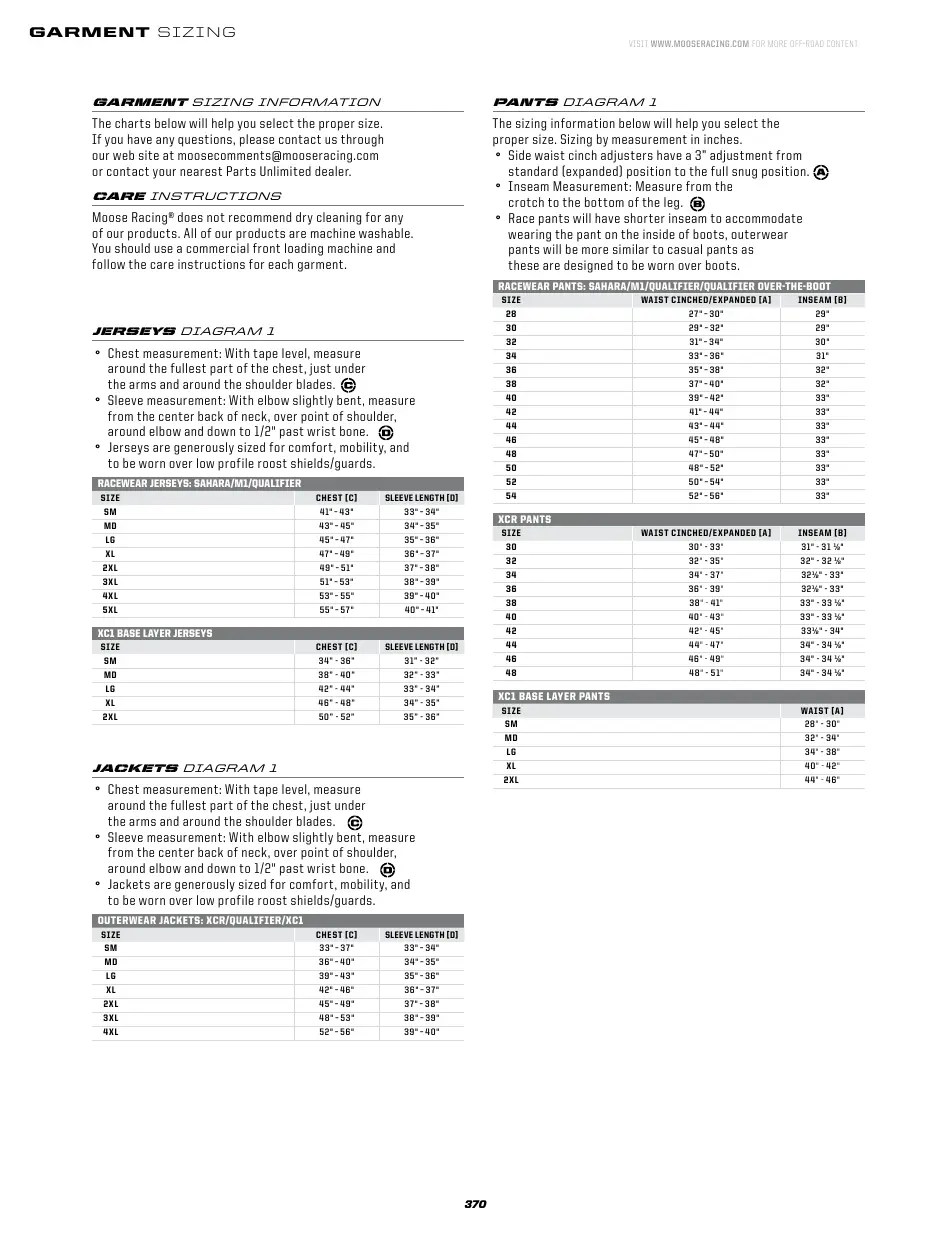 Racing Garment Sizing Chart - Moose Racing Download Printable PDF