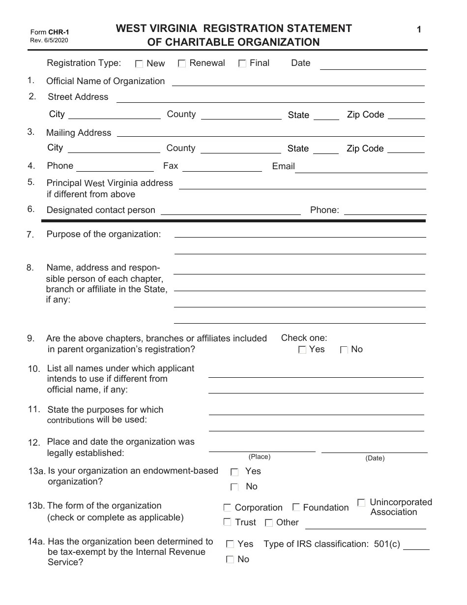Form CHR1 Download Fillable PDF or Fill Online Registration Statement