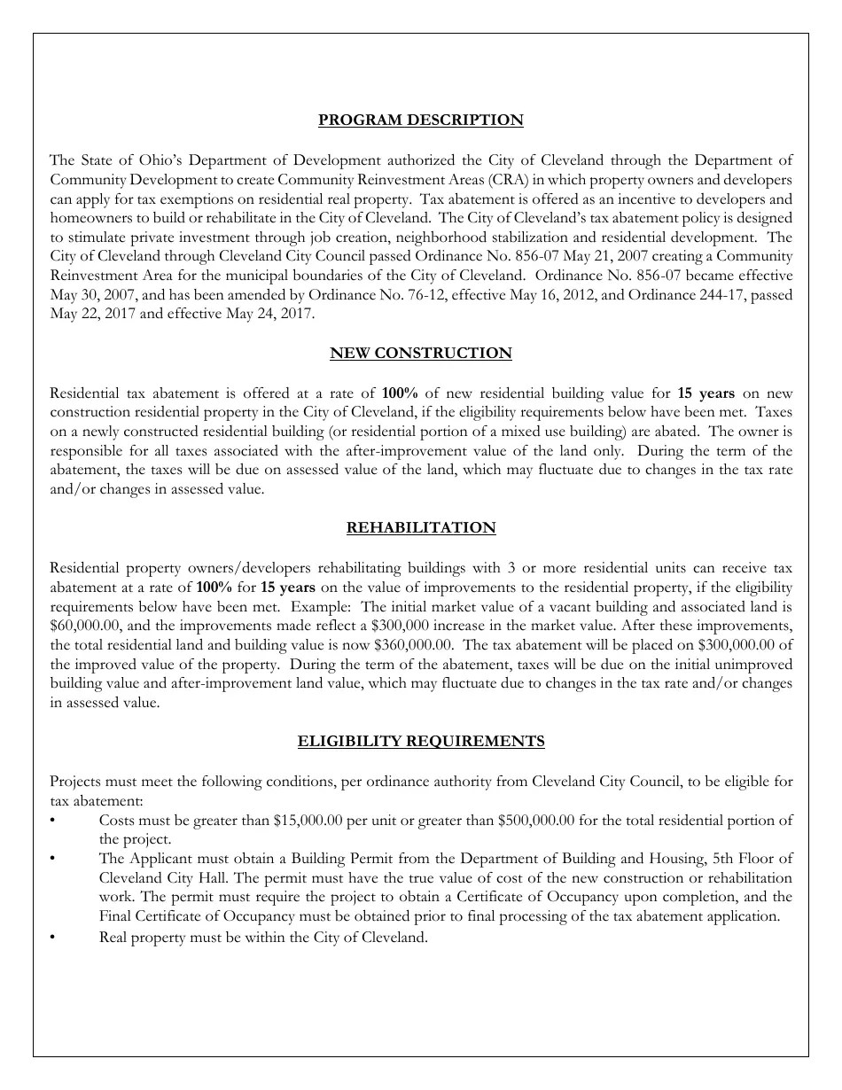 City of Cleveland, Ohio Residential Tax Abatement Multifamily Structure